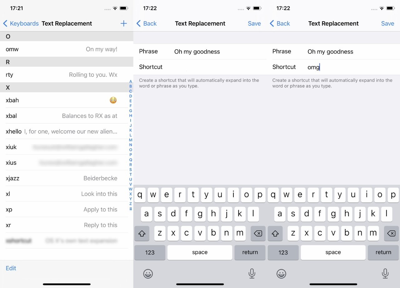 iOS Text Replacement Settings Screenshots