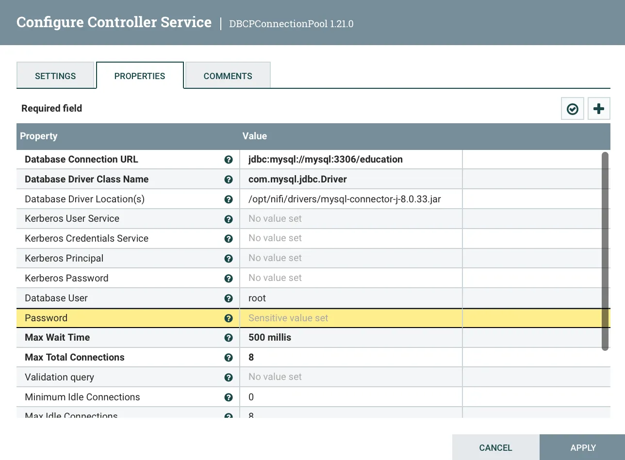 NiFi Configure Controller Service Screenshot