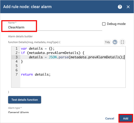 add rule node - clear alarm screenshot javascript