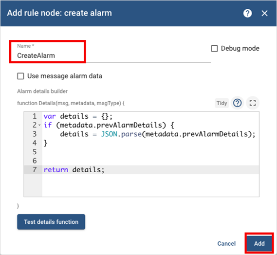 add rule node create alarm javascript screenshot